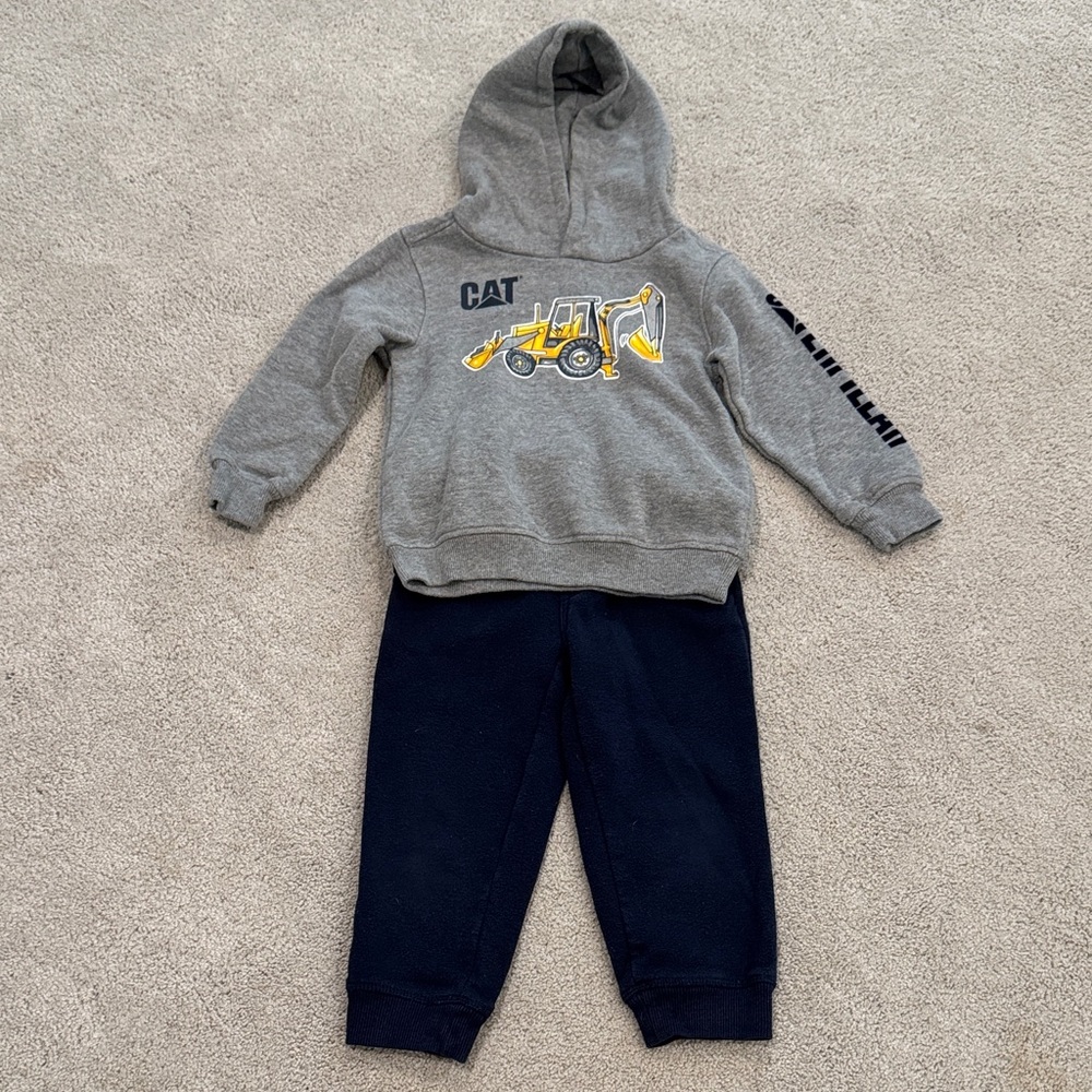 Kids CAT Grey Hoodie & Navy Joggers Set - Construction Graphic